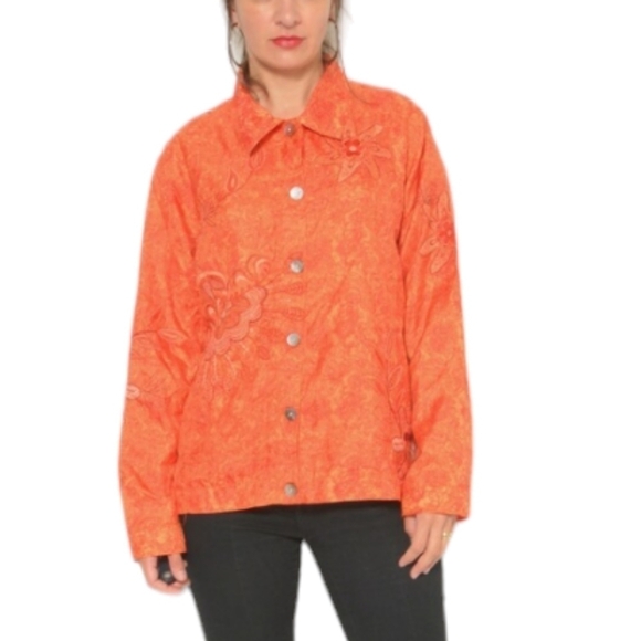 Laura Ashley 100% silk orange embroidered tonal print button front shacket sz L - Picture 1 of 11